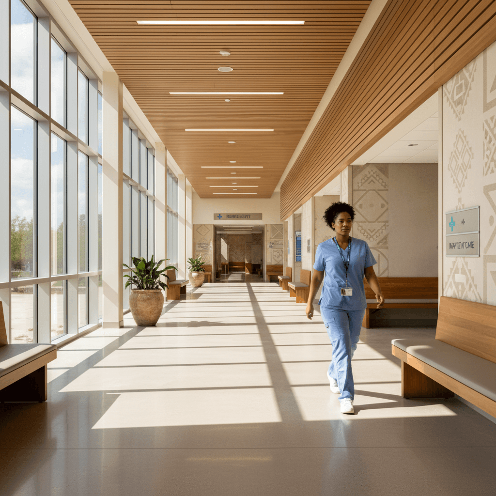 Modern hospital corridor with healthcare professional