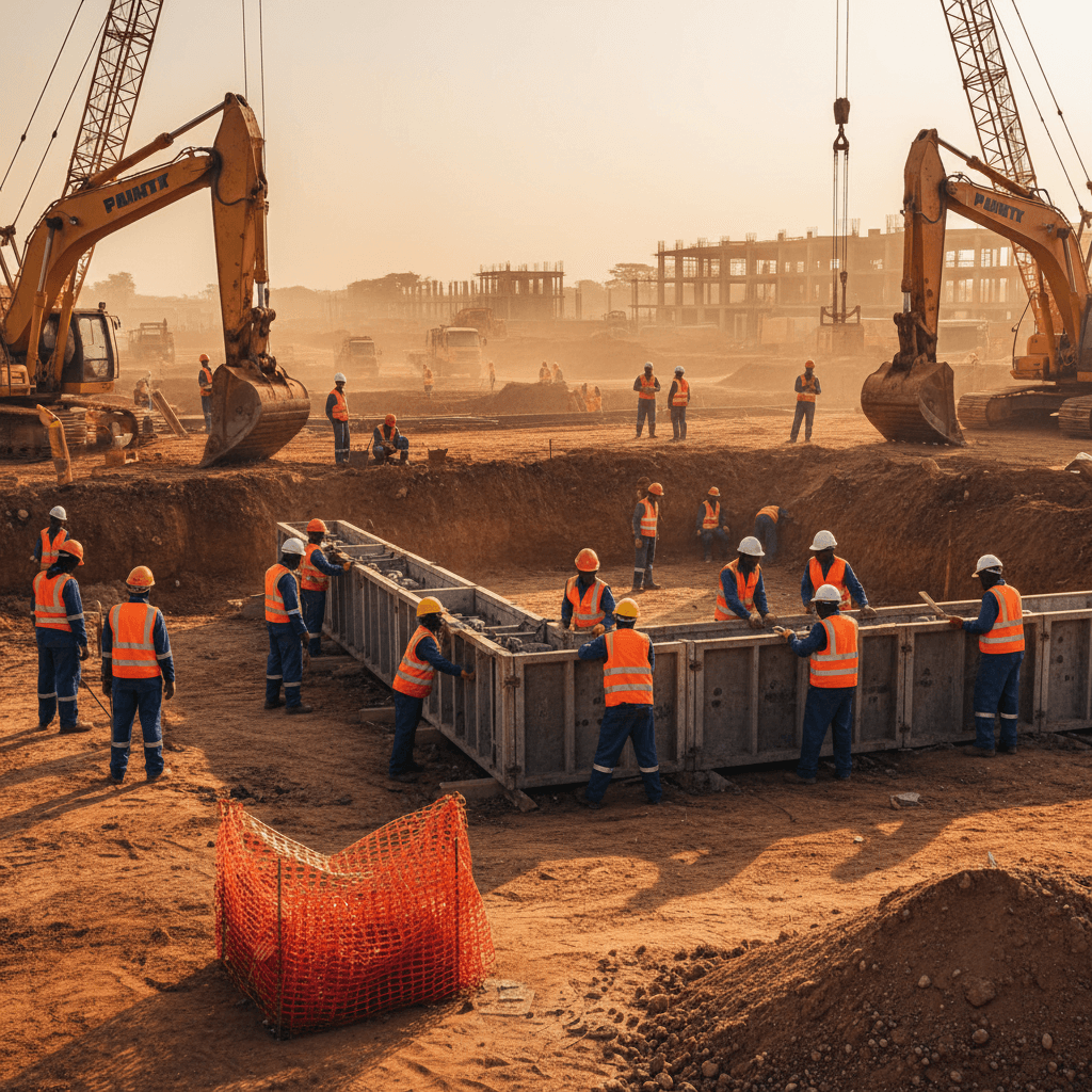Healthcare facility construction site with foundation work underway