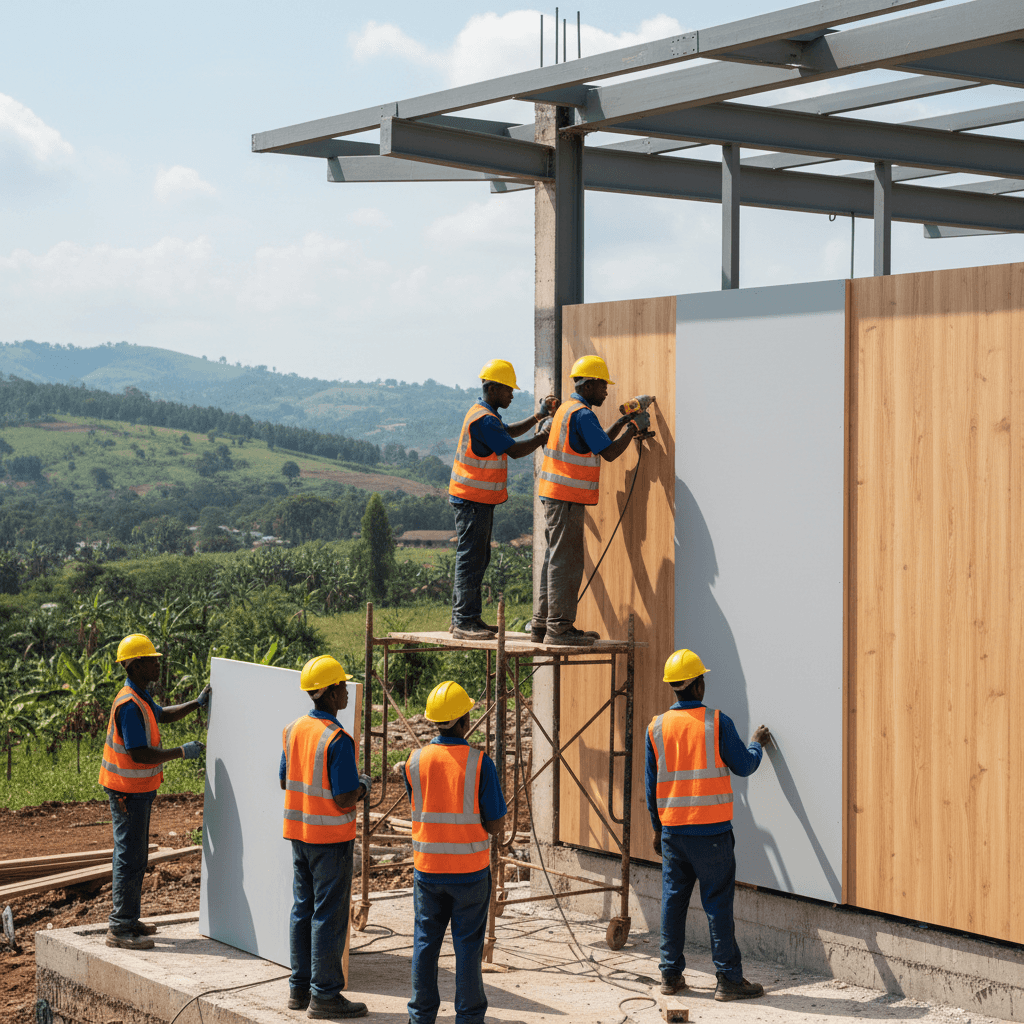 Hospital building exterior wall installation in progress