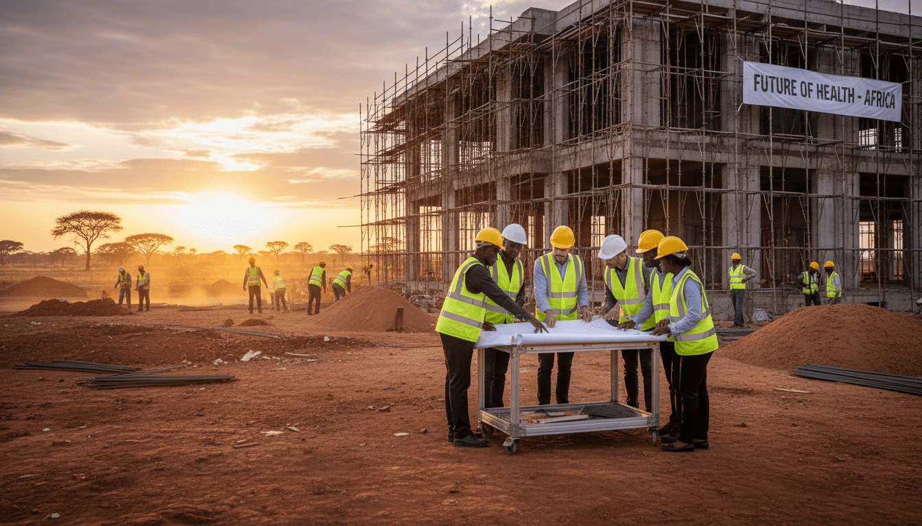 Modern healthcare clinic under construction in Africa with international team collaborating on infrastructure development